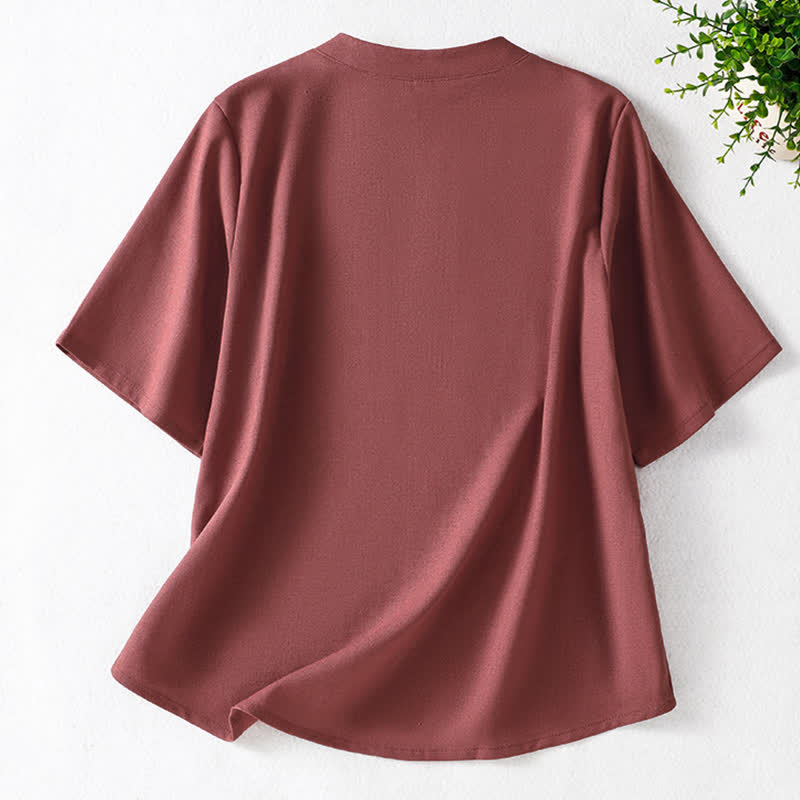 Buddha Stones Camicia da donna a maniche corte, tinta unita, stile Summer Tang, con bottoni a forma di rana e ricami a motivo di viticci. - image 10