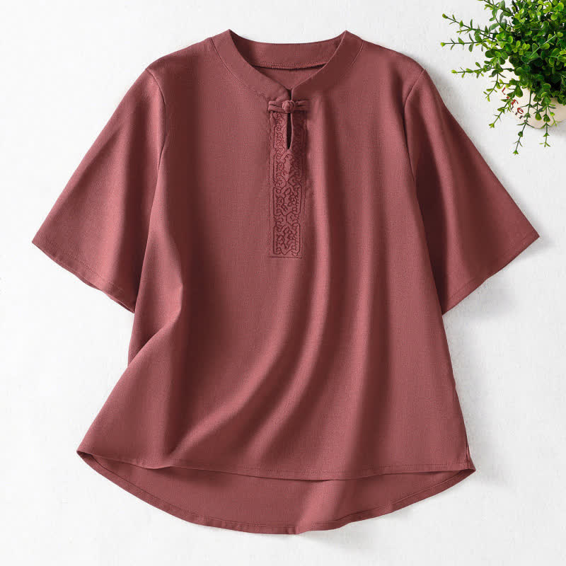Buddha Stones Camicia da donna a maniche corte, tinta unita, stile Summer Tang, con bottoni a forma di rana e ricami a motivo di viticci. - Rosso Indiano - US8-10, UK/AU12-14, EU40-42 (2XL) - image 9