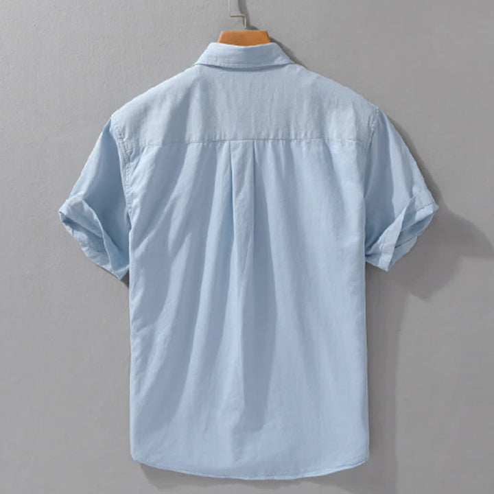 Buddha Stones Camicia da uomo estiva casual classica a maniche corte in cotone tinta unita con bottoni e tasche applicate - image 6