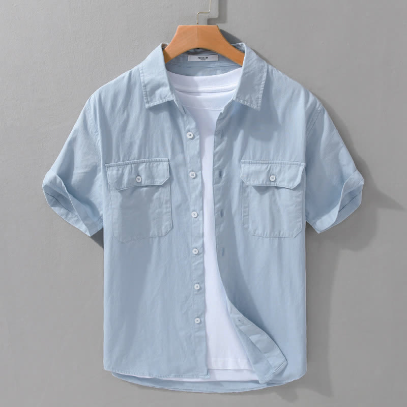 Buddha Stones Camicia da uomo estiva casual classica a maniche corte in cotone tinta unita con bottoni e tasche applicate - Azzurro chiaro - US/UK/AU42, EU52 (3XL) - image 5