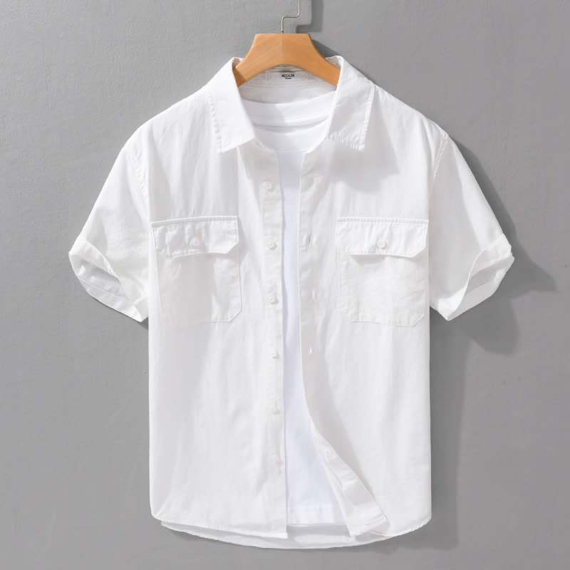 Buddha Stones Camicia da uomo estiva casual classica a maniche corte in cotone tinta unita con bottoni e tasche applicate - Bianco - US/UK/AU42, EU52 (3XL) - image 15