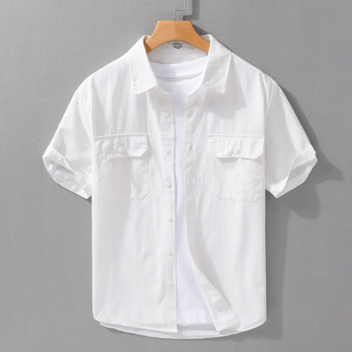 Buddha Stones Camicia da uomo estiva casual classica a maniche corte in cotone tinta unita con bottoni e tasche applicate - Bianco - US/UK/AU42, EU52 (3XL) - image 15