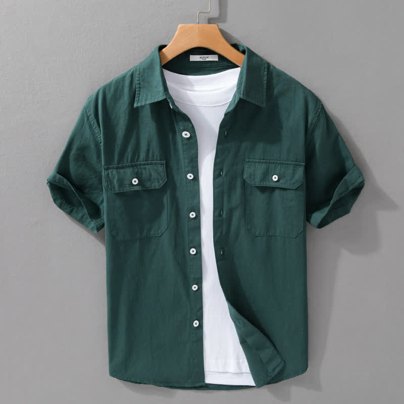 Buddha Stones Camicia da uomo estiva casual classica a maniche corte in cotone tinta unita con bottoni e tasche applicate - Verde mare - US/UK/AU42, EU52 (3XL) - image 10