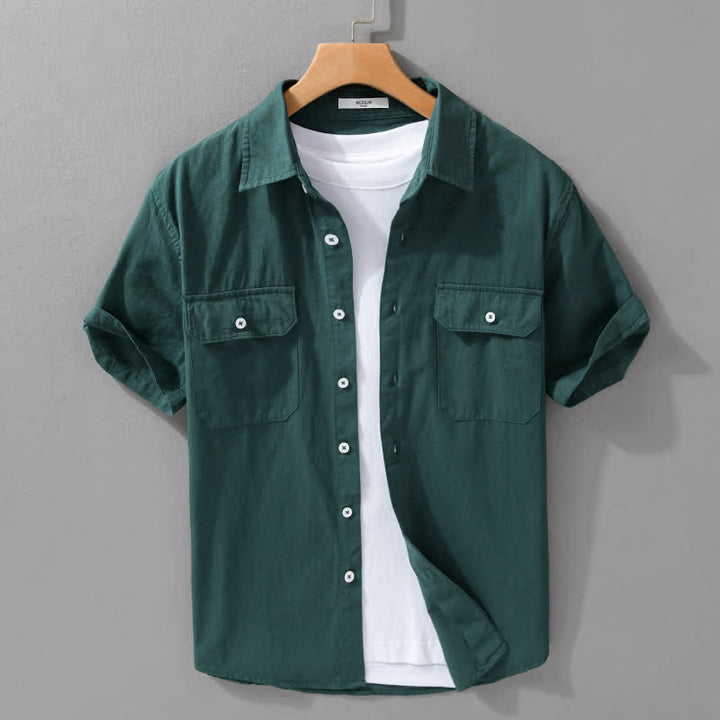 Buddha Stones Camicia da uomo estiva casual classica a maniche corte in cotone tinta unita con bottoni e tasche applicate - Verde mare - US/UK/AU42, EU52 (3XL) - image 10