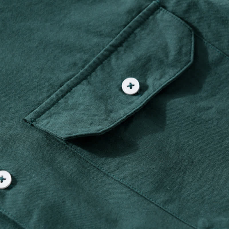 Buddha Stones Camicia da uomo estiva casual classica a maniche corte in cotone tinta unita con bottoni e tasche applicate - image 11