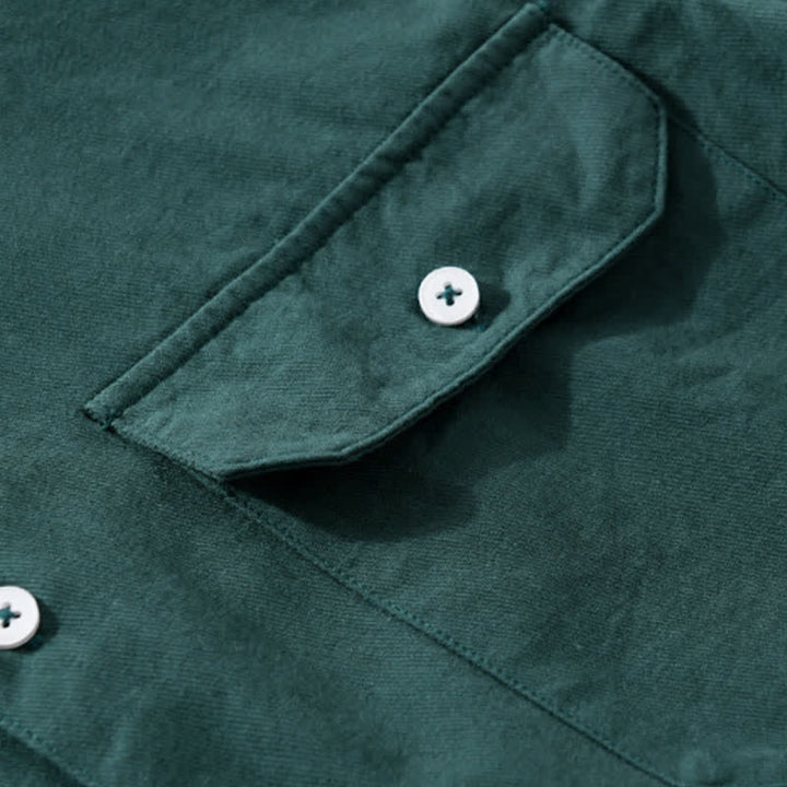Buddha Stones Camicia da uomo estiva casual classica a maniche corte in cotone tinta unita con bottoni e tasche applicate - image 11