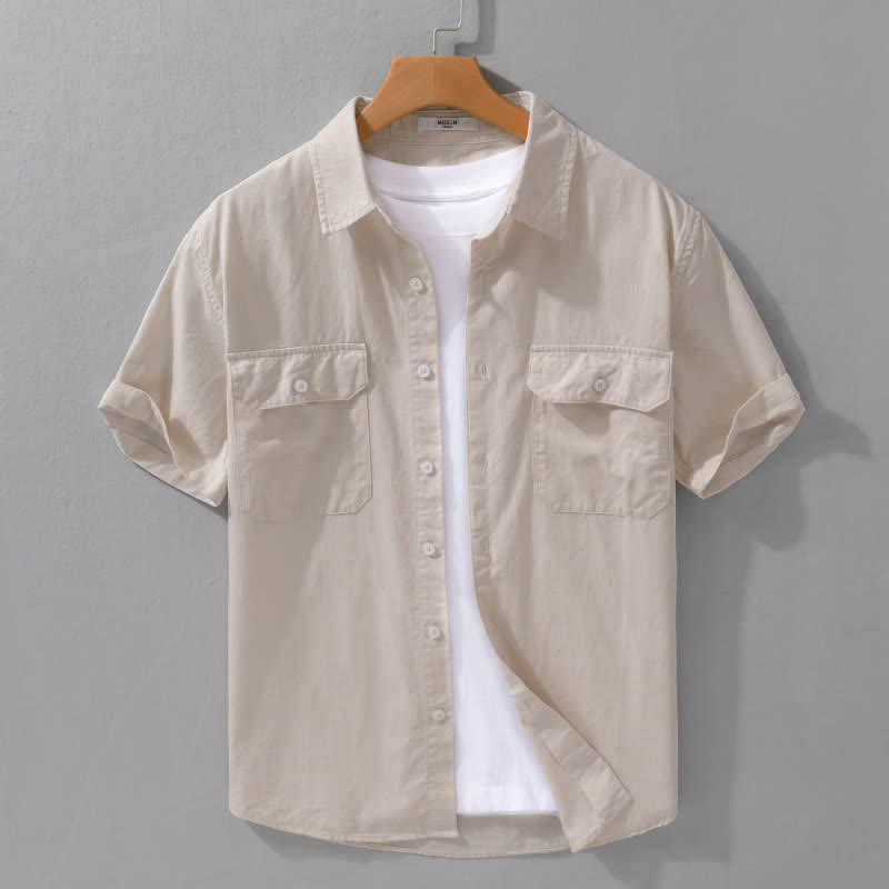 Buddha Stones Camicia da uomo estiva casual classica a maniche corte in cotone tinta unita con bottoni e tasche applicate - Beige - US/UK/AU42, EU52 (3XL) - image 14