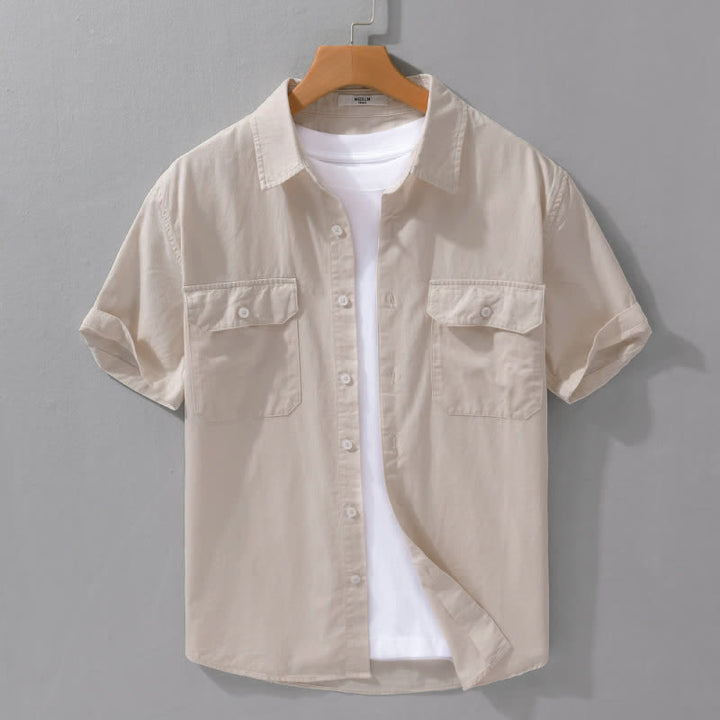 Buddha Stones Camicia da uomo estiva casual classica a maniche corte in cotone tinta unita con bottoni e tasche applicate - Beige - US/UK/AU42, EU52 (3XL) - image 14