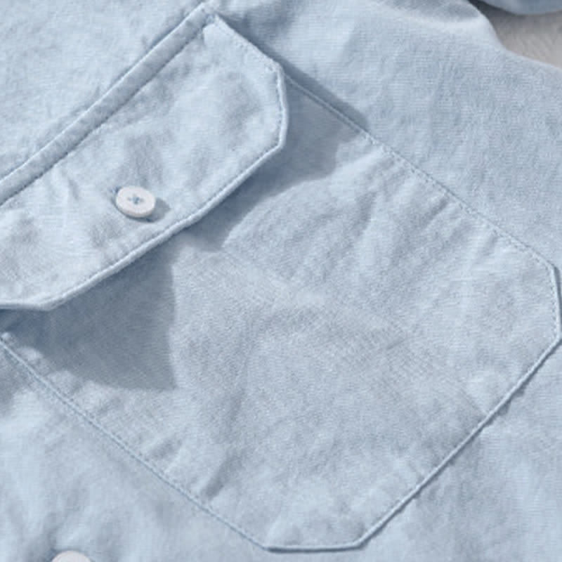Buddha Stones Camicia da uomo estiva casual classica a maniche corte in cotone tinta unita con bottoni e tasche applicate - image 7
