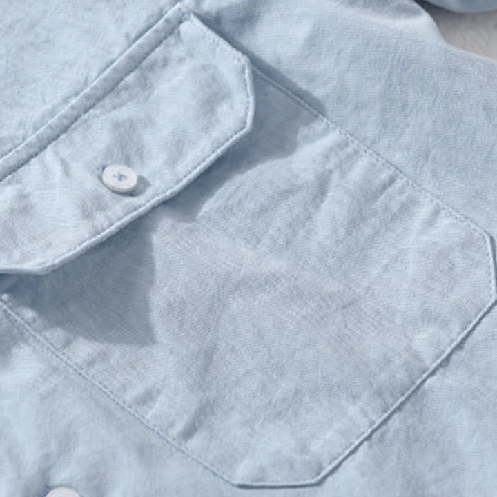 Buddha Stones Camicia da uomo estiva casual classica a maniche corte in cotone tinta unita con bottoni e tasche applicate - image 7