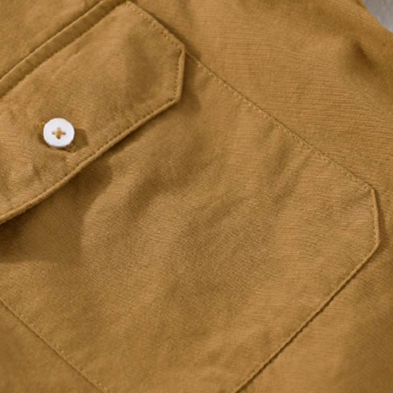 Buddha Stones Camicia da uomo estiva casual classica a maniche corte in cotone tinta unita con bottoni e tasche applicate - image 2