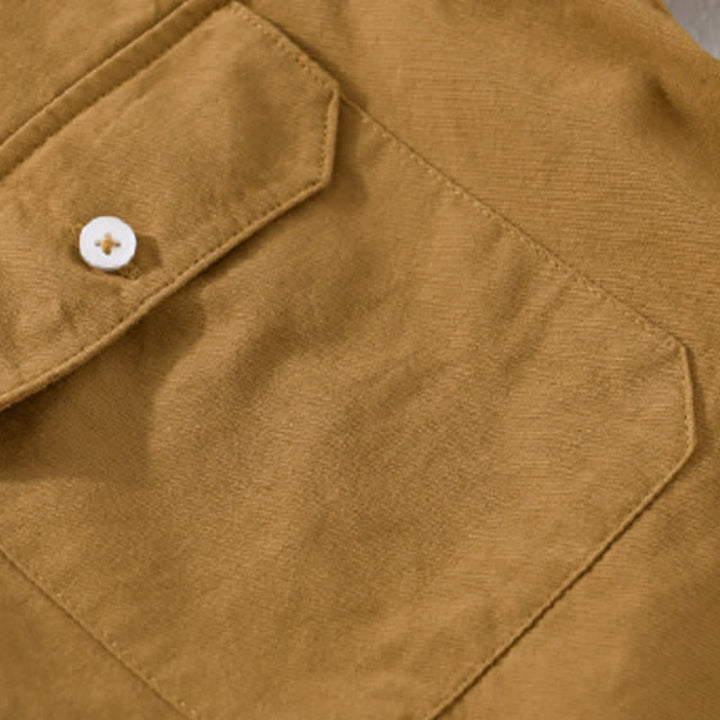 Buddha Stones Camicia da uomo estiva casual classica a maniche corte in cotone tinta unita con bottoni e tasche applicate - image 2