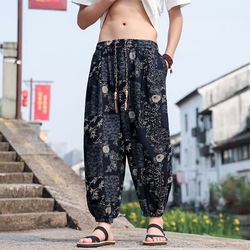 Buddha Stones Pantaloni corti da uomo estivi in ​​stile boho casual con coulisse, stampa di elefanti e alberi, modello harem con tasche. - image 15