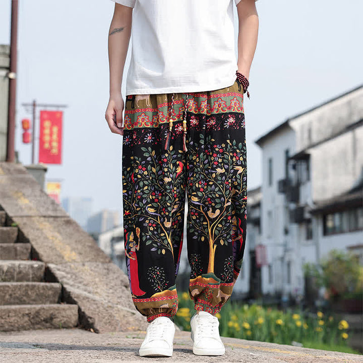 Buddha Stones Pantaloni corti da uomo estivi in ​​stile boho casual con coulisse, stampa di elefanti e alberi, modello harem con tasche. - Nero - US/UK/AU46, EU56 (5XL) - image 20