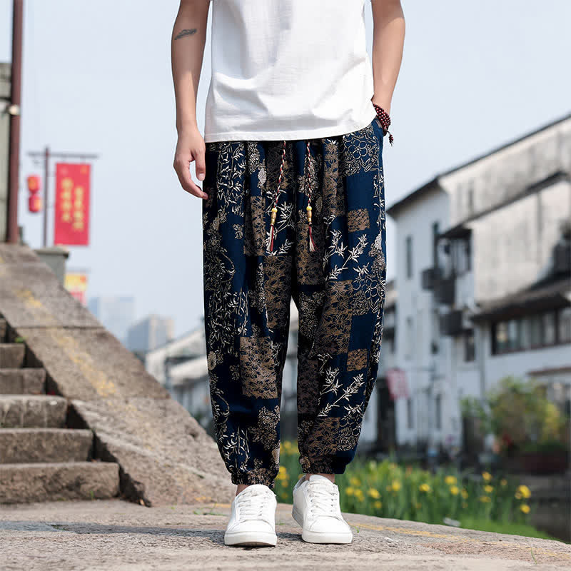 Buddha Stones Pantaloni corti da uomo estivi in ​​stile boho casual con coulisse, stampa di elefanti e alberi, modello harem con tasche. - Blu mezzanotte - US/UK/AU46, EU56 (5XL) - image 29
