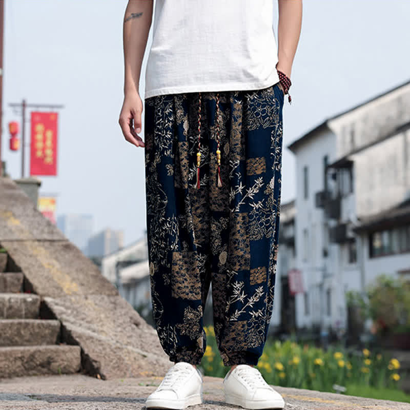 Buddha Stones Pantaloni corti da uomo estivi in ​​stile boho casual con coulisse, stampa di elefanti e alberi, modello harem con tasche. - image 35