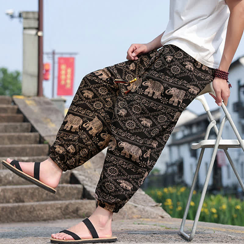 Buddha Stones Pantaloni corti da uomo estivi in ​​stile boho casual con coulisse, stampa di elefanti e alberi, modello harem con tasche. - image 6