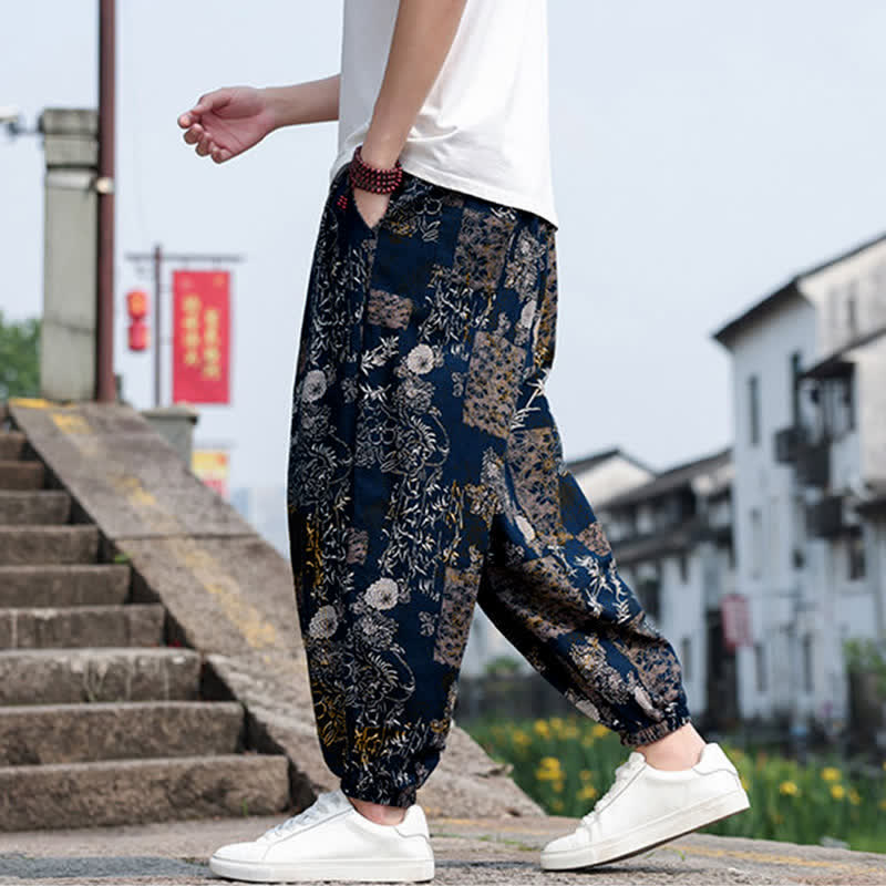 Buddha Stones Pantaloni corti da uomo estivi in ​​stile boho casual con coulisse, stampa di elefanti e alberi, modello harem con tasche. - image 32
