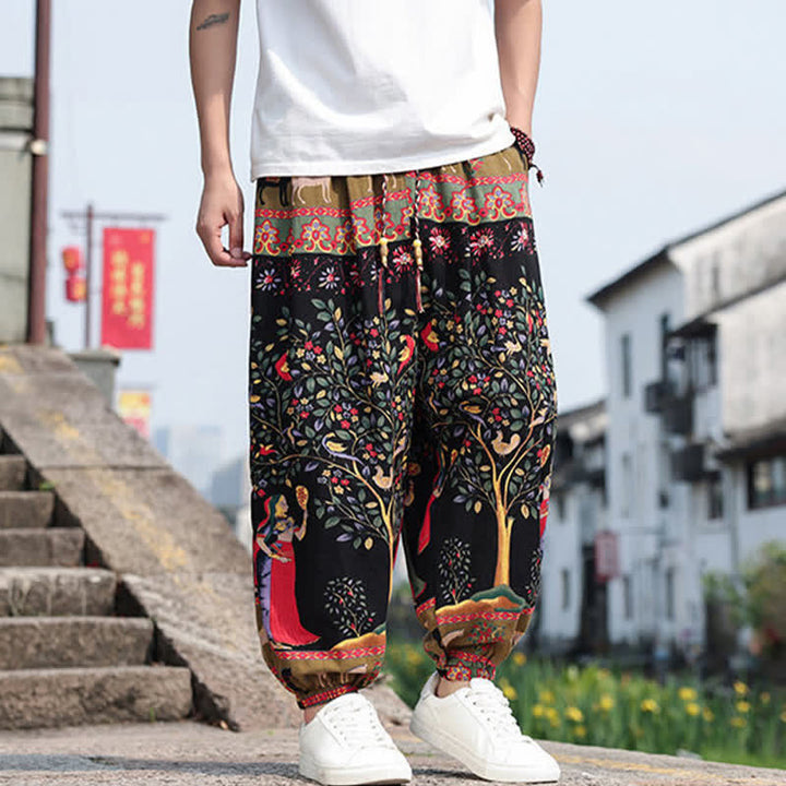 Buddha Stones Pantaloni corti da uomo estivi in ​​stile boho casual con coulisse, stampa di elefanti e alberi, modello harem con tasche. - image 24