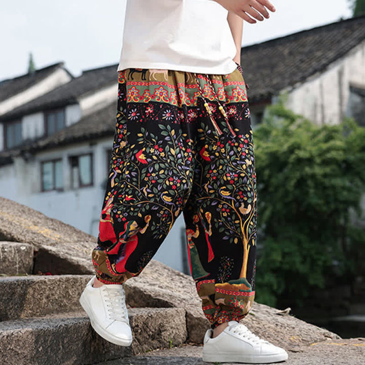 Buddha Stones Pantaloni corti da uomo estivi in ​​stile boho casual con coulisse, stampa di elefanti e alberi, modello harem con tasche. - image 25