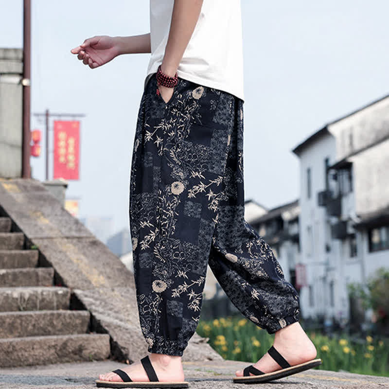 Buddha Stones Pantaloni corti da uomo estivi in ​​stile boho casual con coulisse, stampa di elefanti e alberi, modello harem con tasche. - image 9
