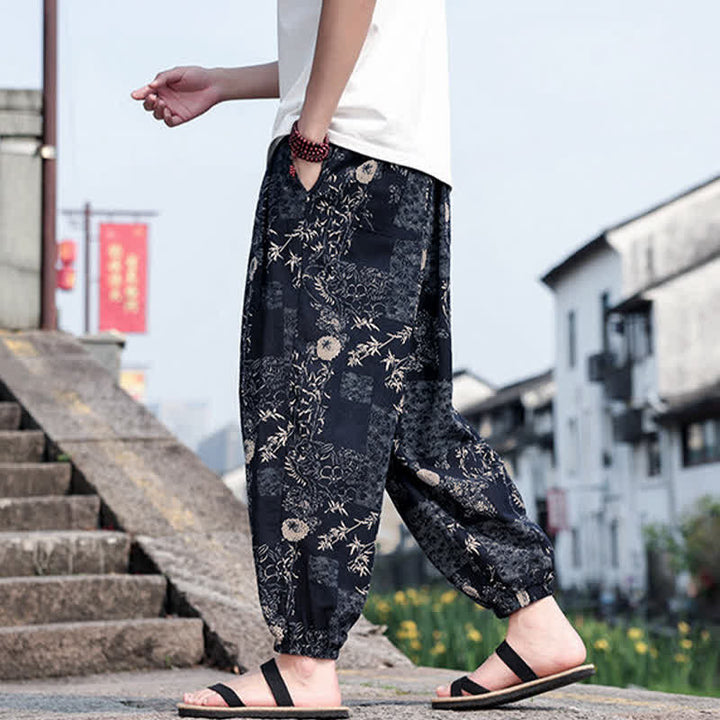 Buddha Stones Pantaloni corti da uomo estivi in ​​stile boho casual con coulisse, stampa di elefanti e alberi, modello harem con tasche. - image 9