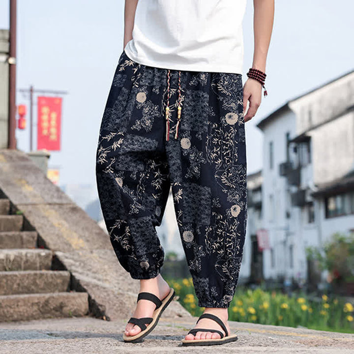 Buddha Stones Pantaloni corti da uomo estivi in ​​stile boho casual con coulisse, stampa di elefanti e alberi, modello harem con tasche. - image 13