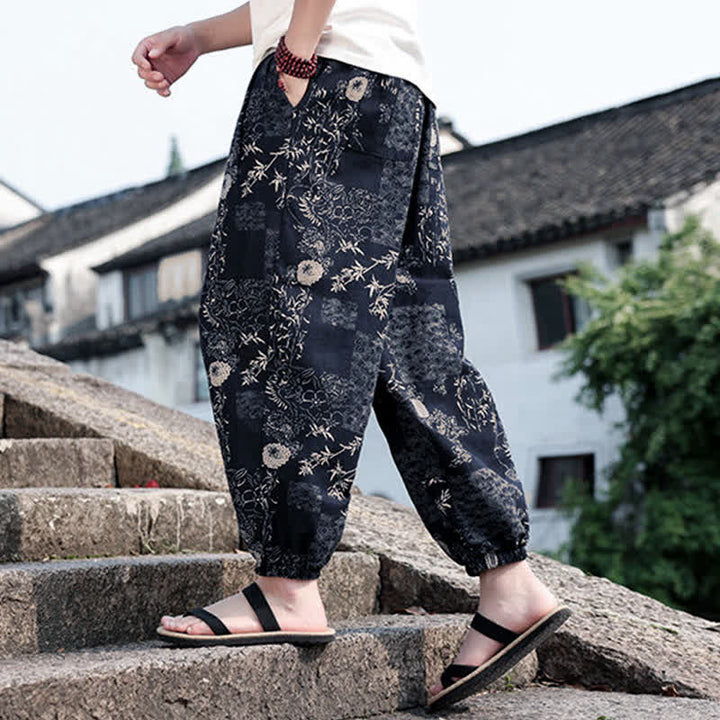 Buddha Stones Pantaloni corti da uomo estivi in ​​stile boho casual con coulisse, stampa di elefanti e alberi, modello harem con tasche. - image 14