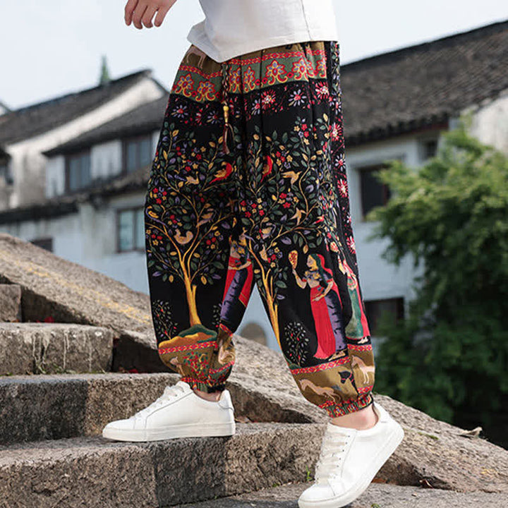Buddha Stones Pantaloni corti da uomo estivi in ​​stile boho casual con coulisse, stampa di elefanti e alberi, modello harem con tasche. - image 26