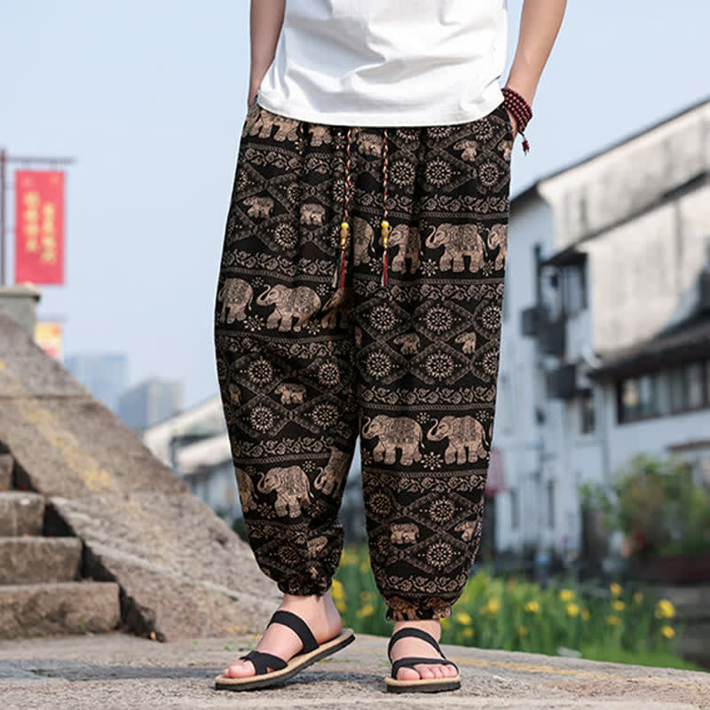Buddha Stones Pantaloni corti da uomo estivi in ​​stile boho casual con coulisse, stampa di elefanti e alberi, modello harem con tasche. - image 5
