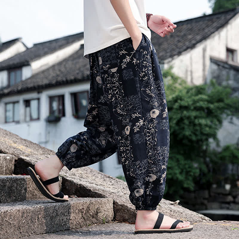 Buddha Stones Pantaloni corti da uomo estivi in ​​stile boho casual con coulisse, stampa di elefanti e alberi, modello harem con tasche. - image 10