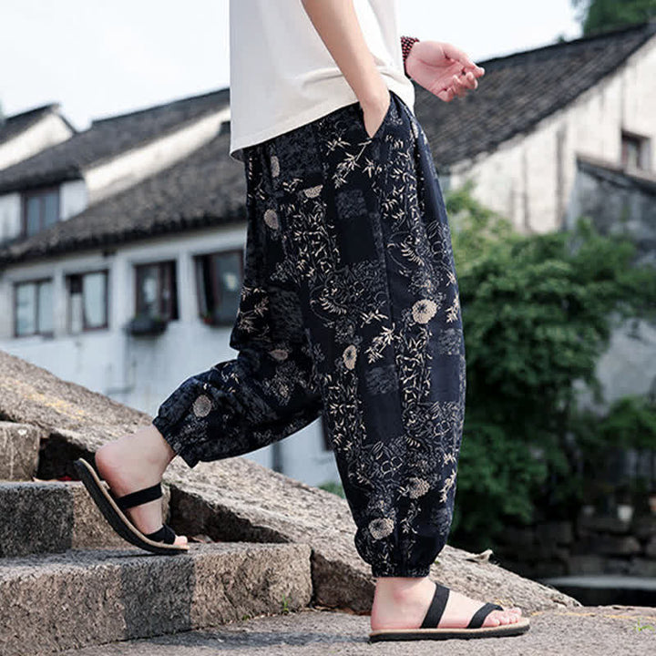 Buddha Stones Pantaloni corti da uomo estivi in ​​stile boho casual con coulisse, stampa di elefanti e alberi, modello harem con tasche. - image 10