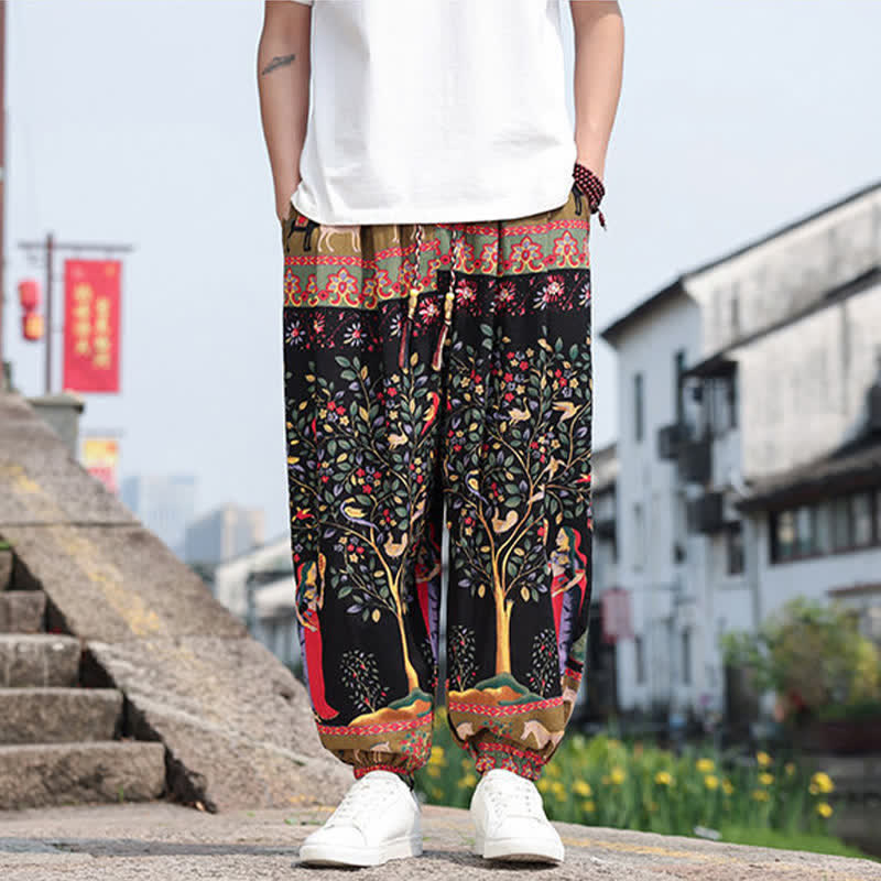Buddha Stones Pantaloni corti da uomo estivi in ​​stile boho casual con coulisse, stampa di elefanti e alberi, modello harem con tasche. - image 27