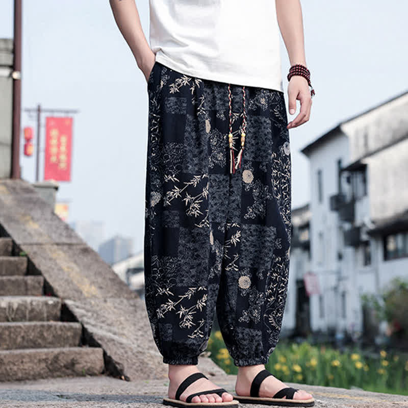 Buddha Stones Pantaloni corti da uomo estivi in ​​stile boho casual con coulisse, stampa di elefanti e alberi, modello harem con tasche. - image 8