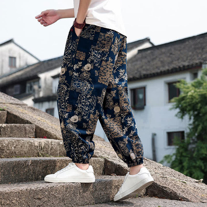 Buddha Stones Pantaloni corti da uomo estivi in ​​stile boho casual con coulisse, stampa di elefanti e alberi, modello harem con tasche. - image 34