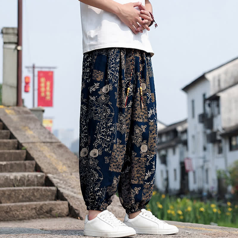 Buddha Stones Pantaloni corti da uomo estivi in ​​stile boho casual con coulisse, stampa di elefanti e alberi, modello harem con tasche. - image 30