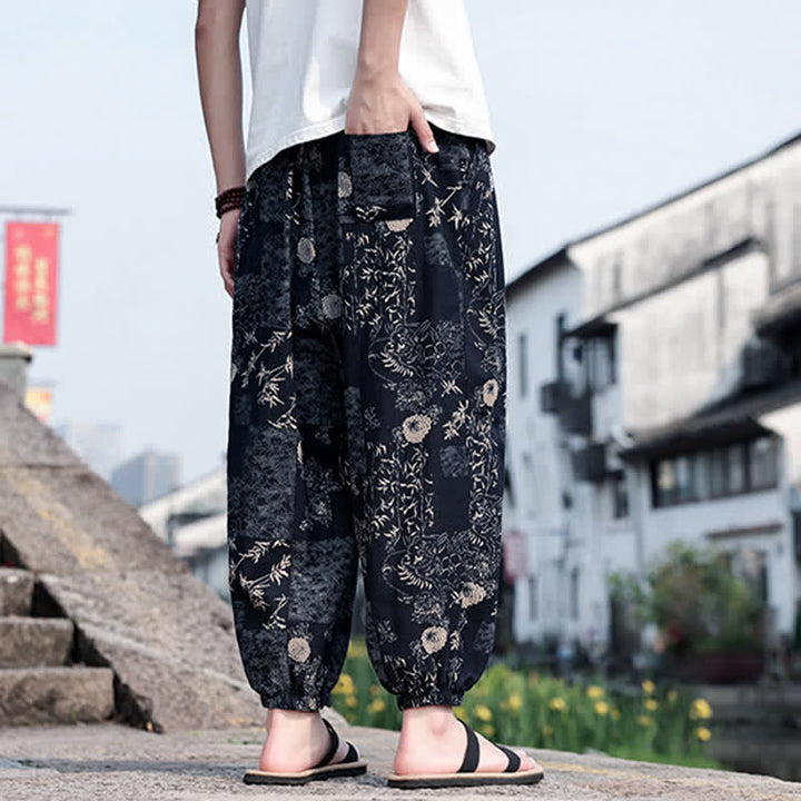 Buddha Stones Pantaloni corti da uomo estivi in ​​stile boho casual con coulisse, stampa di elefanti e alberi, modello harem con tasche. - image 11