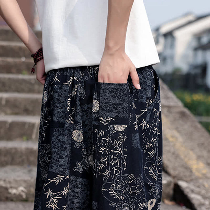 Buddha Stones Pantaloni corti da uomo estivi in ​​stile boho casual con coulisse, stampa di elefanti e alberi, modello harem con tasche. - image 18