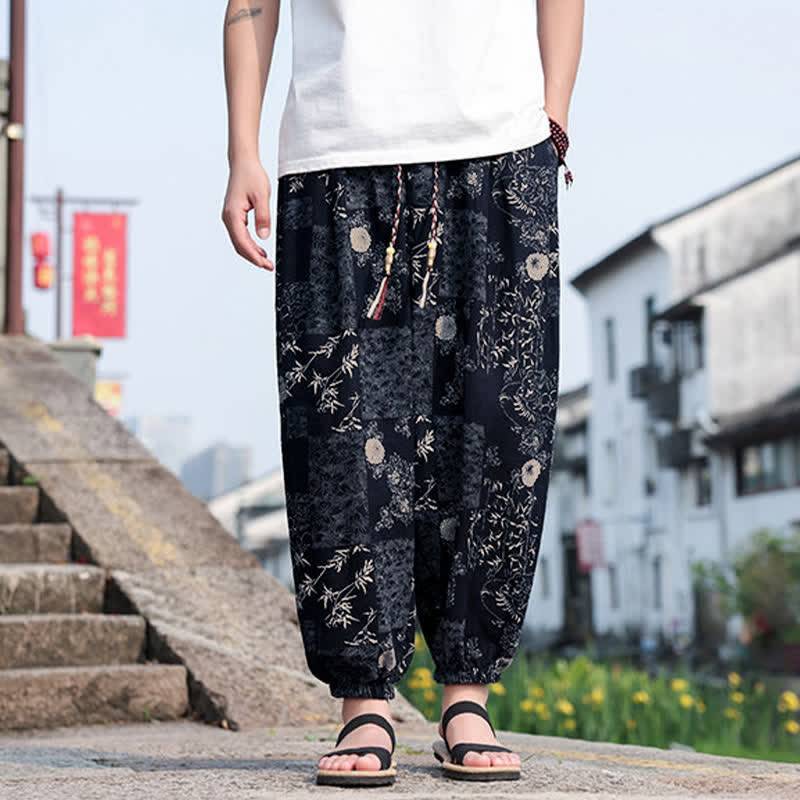 Buddha Stones Pantaloni corti da uomo estivi in ​​stile boho casual con coulisse, stampa di elefanti e alberi, modello harem con tasche. - Marina - US/UK/AU46, EU56 (5XL) - image 7