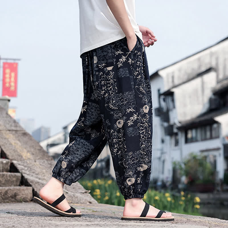 Buddha Stones Pantaloni corti da uomo estivi in ​​stile boho casual con coulisse, stampa di elefanti e alberi, modello harem con tasche. - image 12