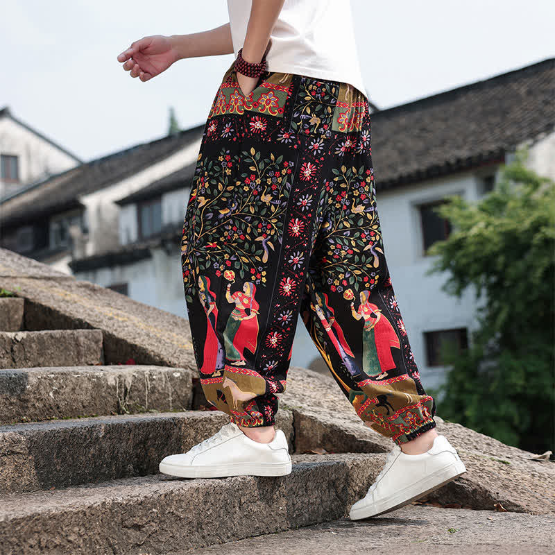 Buddha Stones Pantaloni corti da uomo estivi in ​​stile boho casual con coulisse, stampa di elefanti e alberi, modello harem con tasche. - image 23