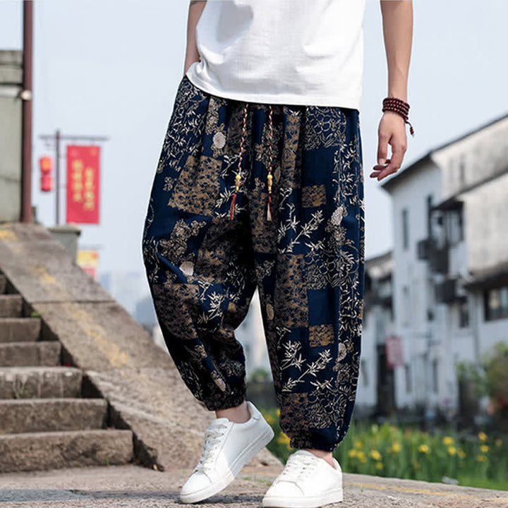 Buddha Stones Pantaloni corti da uomo estivi in ​​stile boho casual con coulisse, stampa di elefanti e alberi, modello harem con tasche. - image 36