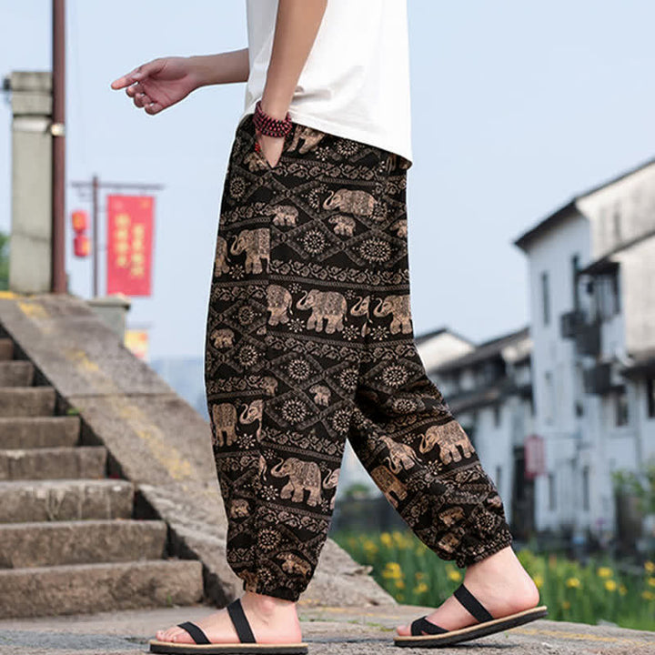 Buddha Stones Pantaloni corti da uomo estivi in ​​stile boho casual con coulisse, stampa di elefanti e alberi, modello harem con tasche. - image 4