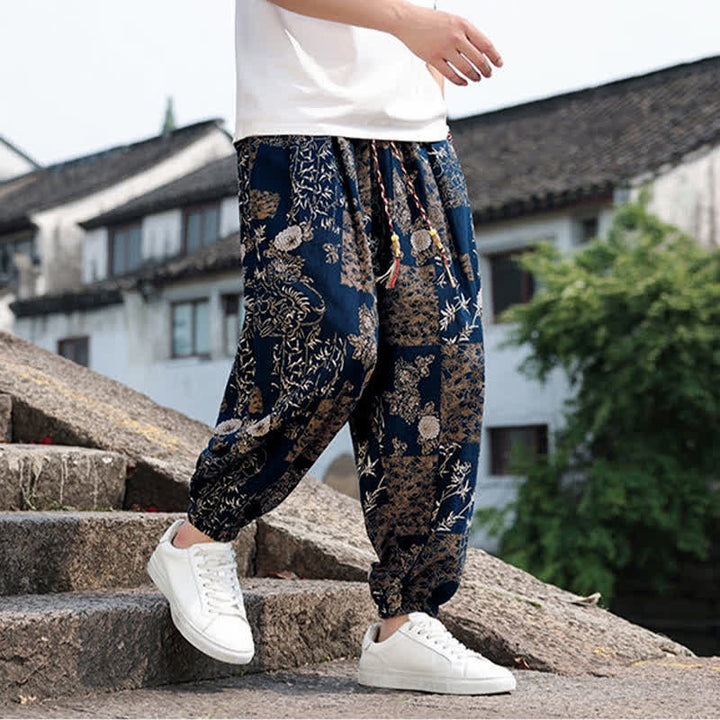 Buddha Stones Pantaloni corti da uomo estivi in ​​stile boho casual con coulisse, stampa di elefanti e alberi, modello harem con tasche. - image 33