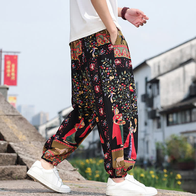 Buddha Stones Pantaloni corti da uomo estivi in ​​stile boho casual con coulisse, stampa di elefanti e alberi, modello harem con tasche. - image 22
