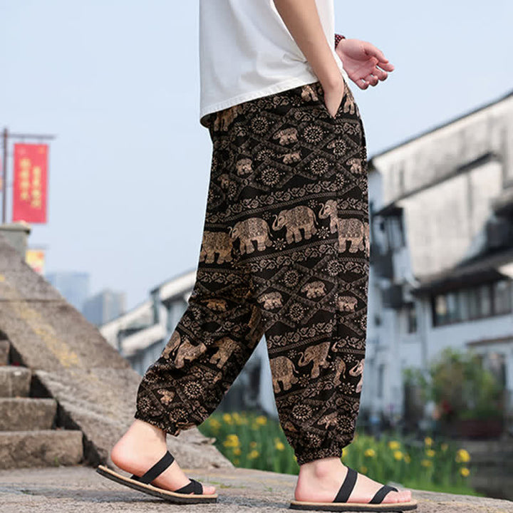 Buddha Stones Pantaloni corti da uomo estivi in ​​stile boho casual con coulisse, stampa di elefanti e alberi, modello harem con tasche. - image 3