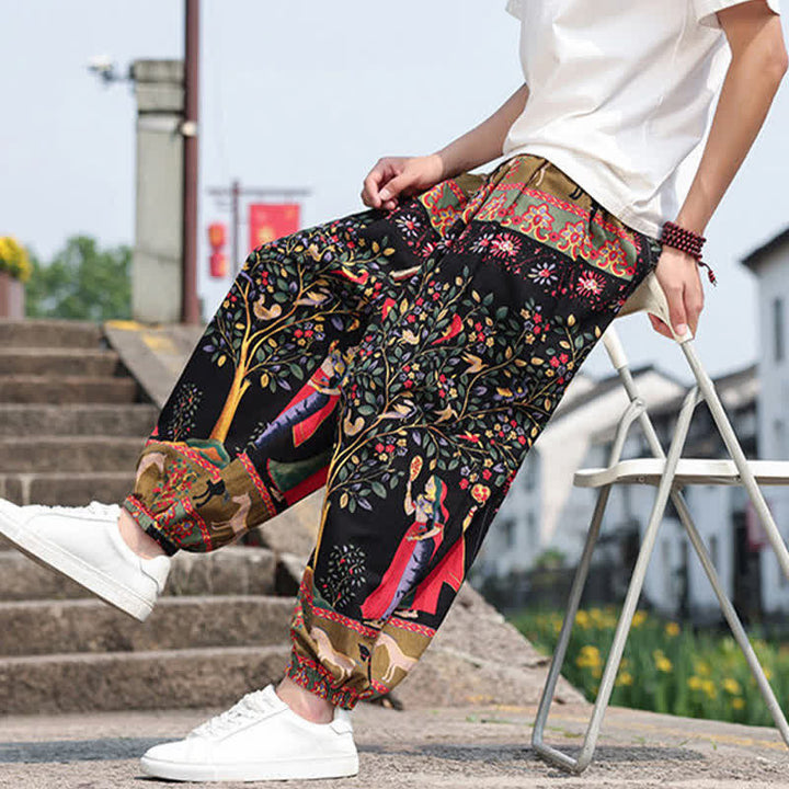 Buddha Stones Pantaloni corti da uomo estivi in ​​stile boho casual con coulisse, stampa di elefanti e alberi, modello harem con tasche. - image 28