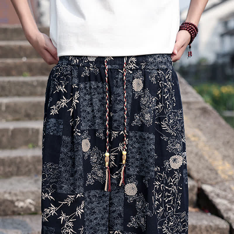 Buddha Stones Pantaloni corti da uomo estivi in ​​stile boho casual con coulisse, stampa di elefanti e alberi, modello harem con tasche. - image 16