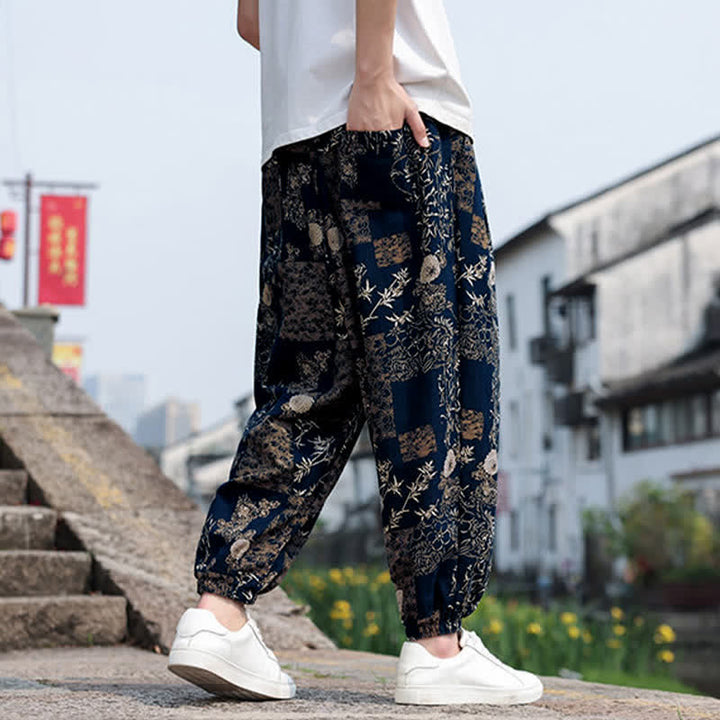 Buddha Stones Pantaloni corti da uomo estivi in ​​stile boho casual con coulisse, stampa di elefanti e alberi, modello harem con tasche. - image 31