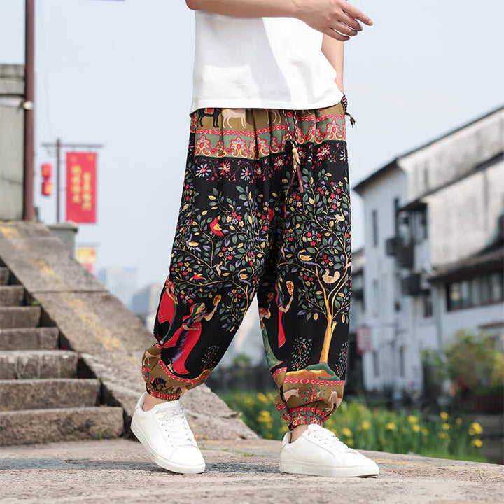 Buddha Stones Pantaloni corti da uomo estivi in ​​stile boho casual con coulisse, stampa di elefanti e alberi, modello harem con tasche. - image 21